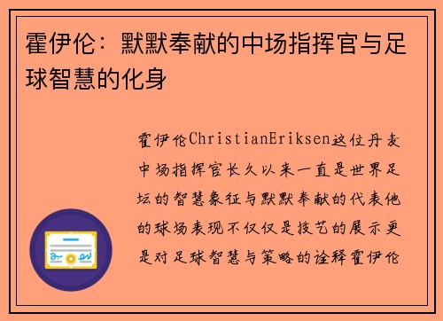 霍伊伦：默默奉献的中场指挥官与足球智慧的化身