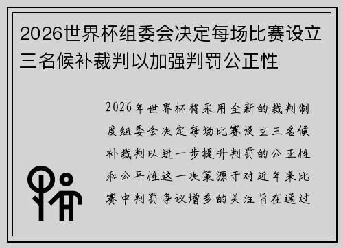 2026世界杯组委会决定每场比赛设立三名候补裁判以加强判罚公正性