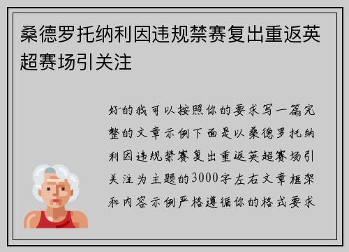 桑德罗托纳利因违规禁赛复出重返英超赛场引关注 桑德罗托纳利因违规禁赛复出重返英超赛场引关注